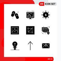 Set of 9 Commercial Solid Glyphs pack for design gallery budget payments finance Editable Vector Design Elements