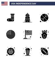 Pack of 9 USA Independence Day Celebration Solid Glyphs Signs and 4th July Symbols such as international country ball usa flag Editable USA Day Vector Design Elements