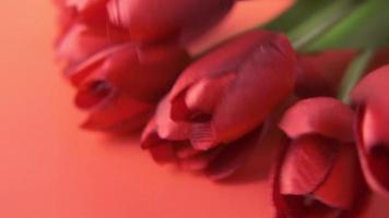 tulipes de fleurs artificielles tombent sur une table rouge video