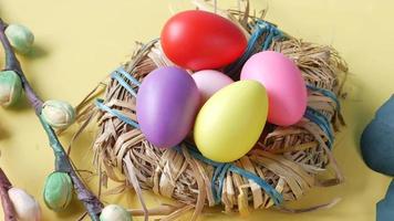 Colorful easter eggs on nest with budding branches video