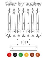 Color by number game for kids. Seven candles in kinara. Printable worksheet with solution for school and preschool. Learning numbers activity. Vector illustration of Happy Kwanzaa.