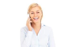 mujer de negocios feliz con un teléfono celular foto