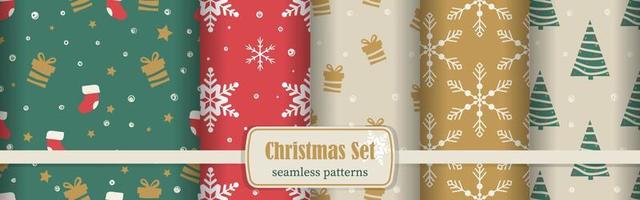 Set of different Christmas seamless patterns with trees, snowflakes, gifts. Vector illustrations for wrapping, fabric, cards.