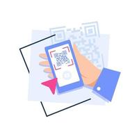 QR code scanning process,Code and text on the screen,Hand holding a smartphone vector