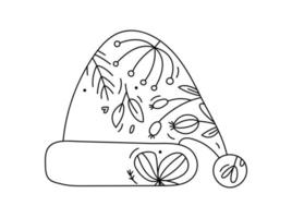 vector dibujado a mano línea de navidad sombrero de invierno de santa claus con bayas de línea, textura de ramas. ilustración de esquema de icono de adviento de navidad para bebé de tarjeta de felicitación, diseño web, invitación