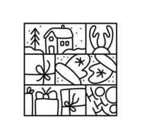 Christmas logo advent composition snowflake, gift boxes, house and trees. Hand drawn monoline winter vector constructor in half round frame and rectangle for greeting card