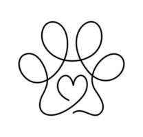 Dog or cat paw footprint and heart in continuous one line drawing logo. Minimal line art. Animal in heart. Pets love concept monoline vector