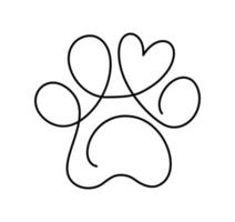 huella de pata de perro o gato y corazón en el logotipo de dibujo continuo de una línea. arte lineal mínimo. animal en el corazón. mascotas amor concepto monoline vector