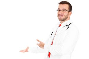 Happy doctor with stethoscope showing your product photo