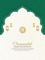 fondo blanco y verde árabe islámico con patrón geométrico y adorno con linternas vector