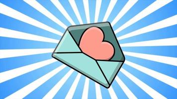 A festive envelope with a love letter for Valentine's Day and a red heart flying out of it against the background of blue rays. Abstract background. Video in high quality 4k, motion design