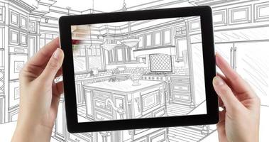 4k Looping Cinemagraph of Computer Tablet, Kitchen Design Drawing Transitioning video