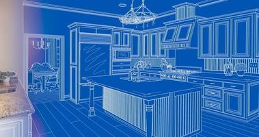 dibujo del plano de la cocina en transición a la construcción completa video