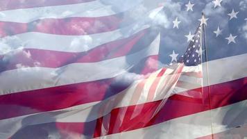 American flag waving on timelapse, double exposure video