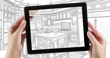 Cinemagrafia em loop 4k de tablet de computador com desenho de design de cozinha em transição para foto video