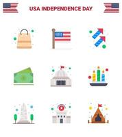 Happy Independence Day Pack of 9 Flats Signs and Symbols for building usa celebration amearican dollar Editable USA Day Vector Design Elements