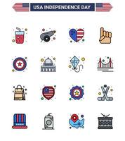 Happy Independence Day Pack of 16 Flat Filled Lines Signs and Symbols for star american heart usa foam hand Editable USA Day Vector Design Elements