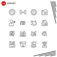 Set of 16 Commercial Outlines pack for user controls watch media camera Editable Vector Design Elements