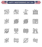 Happy Independence Day USA Pack of 16 Creative Lines of st irish landmark instrument washington Editable USA Day Vector Design Elements