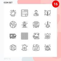 Mobile Interface Outline Set of 16 Pictograms of planet heart bellhop health bandage Editable Vector Design Elements