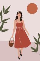 Boho Abstract Wall Art Vectors. Woman with flowers. Girl in a red dress. Floral Background Women Illustration. Neutral Colors. Vector illustration, eps 10.