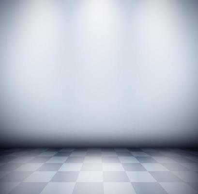 Dark misty room with checkered floor and lights