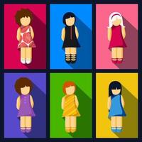 Set of girls flat icons with various colorful dresses and hairstyles for social network vector