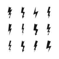 Set of twelve dark thunderstorms. Thunderbolt and high voltage black icons on white background. Vector illustration.