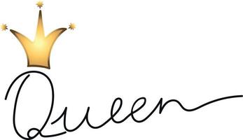 Queen. Hand drawn lettering isolated on white. Little gold crown. Handwriting. vector