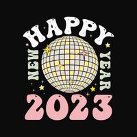 Retro Groovy Happy new year 2023 with festive. Lettering Composition With Stars And Sparkles. Vector Illustration. dark background. holyday decorative elements. congratulation