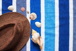 una composición de vacaciones de verano en una toalla de playa con conchas marinas y un sombrero. foto