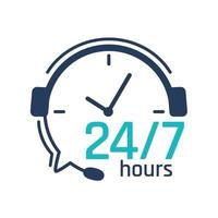 Ícono de servicio las 24 horas. Asistencia telefónica con auriculares para consultar los problemas de los clientes. vector