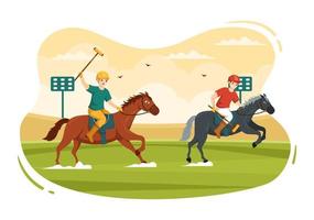 deportes de polo a caballo con jugador montando a caballo y sosteniendo equipo de uso de palo en cartel de dibujos animados planos ilustración de plantilla dibujada a mano vector