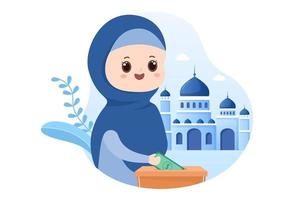 niños musulmanes que dan limosna, zakat o donación de infaq a una persona que lo necesita en una ilustración de plantillas dibujadas a mano de carteles de dibujos animados planos vector