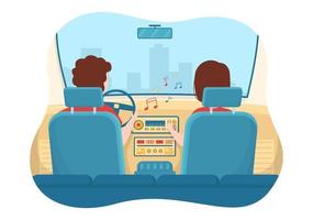 conducir un automóvil escuchando música con altavoces o sistema de sonido en una ilustración de plantillas dibujadas a mano de carteles de dibujos animados planos vector