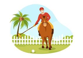deportes de polo a caballo con jugador montando a caballo y sosteniendo equipo de uso de palo en cartel de dibujos animados planos ilustración de plantilla dibujada a mano vector
