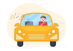 conducir un automóvil escuchando música con altavoces o sistema de sonido en una ilustración de plantillas dibujadas a mano de carteles de dibujos animados planos vector