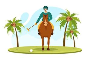 deportes de polo a caballo con jugador montando a caballo y sosteniendo equipo de uso de palo en cartel de dibujos animados planos ilustración de plantilla dibujada a mano vector