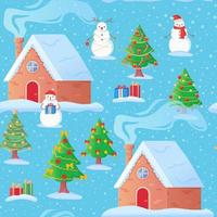 Christmas snow town houses in the christmas trees seamless pattern. Falling snown, snowman in santa claus hat, gifts, smoke from the chomney. Cute cartoon background. vector
