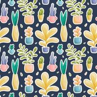 Seamless vector pattern of stickers of domestic fairy fantastic plants in pots and vases of various unusual shapes and bright colors with reflection. Large and small leaves painted in gradient, cacti.