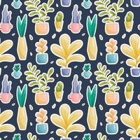 Seamless vector pattern of stickers of domestic fairy fantastic plants in pots and vases of various unusual shapes and bright colors with reflection. Large and small leaves painted in gradient, cacti.