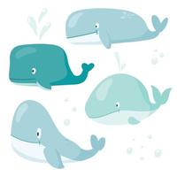 Vector cartoon set illustrations of whales of different shapes and sizes. Cute collection heroes of the seas and oceans for children books and decorations.