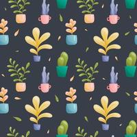 Seamless vector pattern of images of domestic fairy fantastic plants in pots and vases of various unusual shapes and bright colors with reflection. Large and small leaves painted in gradient, cacti.
