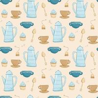 Cute cozy vector seamless pattern. Cups and teapot with tea, tea bag, muffin and teaspoon. Tea ceremony in warm colors. Decoration background or wrapping paper in cartoon style.