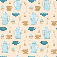 Cute cozy vector seamless pattern. Cups and teapot with tea, tea bag, muffin and teaspoon. Tea ceremony in warm colors. Decoration background or wrapping paper in cartoon style.