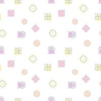 Vector abstract seamless pattern. Modern geometric shapes and forms. Neon circles and squares, parallel lines and zigzags. Decorating the background with trendy decor elements.