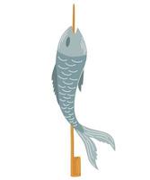 Fish on a stick. Asian fast food. Perfect for restaurant cafe and print menus. Vector hand draw cartoon illustration.