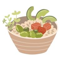 poke bowl con arroz, verduras, huevo, carne, pescado, gambas y algas. comida asiática. perfecto para la cafetería del restaurante y los menús impresos. dibujo a mano vectorial ilustración de dibujos animados. vector