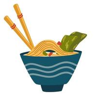 Ramen noodle with egg, meat, fish, shrimp and seaweed. Asian Savoury Soup Served in Bowl with Chopsticks. Perfect for restaurant cafe and print menus. Vector hand draw cartoon illustration.