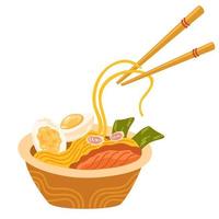 Ramen noodle with egg, meat, fish, shrimp and seaweed. Asian Savoury Soup Served in Bowl with Chopsticks. Perfect for restaurant cafe and print menus. Vector hand draw cartoon illustration.